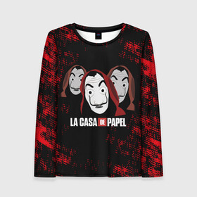 Женский лонгслив 3D с принтом БУМАЖНЫЙ ДОМ СЕРИАЛ LA CASA DE PAPEL BELLA CIAO в Ухте, 100% полиэстер | длинные рукава, круглый вырез горловины, полуприлегающий силуэт | bella ciao | la casa de papel | бумажный дом | ла каса де | ла каса де папель | ла каса де пепел | лакаса | сериал | фильм