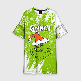 Детское платье 3D с принтом Grinch Green. в Ухте, 100% полиэстер | прямой силуэт, чуть расширенный к низу. Круглая горловина, на рукавах — воланы | 2022 | grinch | happy new year | merry christmas | год тигра | гринч | зима близко | нг | новогодний | новый год | новый год 2022 | рождество | снег | снежинки