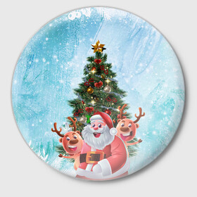 Значок с принтом Санта и олени в Ухте,  металл | круглая форма, металлическая застежка в виде булавки | new year | арт | графика | дед мороз | елка | зима | новый год | олени | рождество | санта