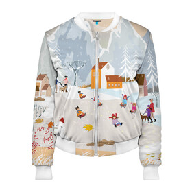 Женский бомбер 3D с принтом Зимние Забавы 2022 в Ухте, 100% полиэстер | застегивается на молнию, по бокам два кармана без застежек, мягкие манжеты, по низу бомбера и на воротнике — эластичная резинка | 2022 | год | дед | дети | зима | коньки | мороз. | новый | праздники | радость | рождество | санки | санта | снег | счастливого