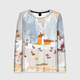 Женский лонгслив 3D с принтом Зимние Забавы 2022 в Ухте, 100% полиэстер | длинные рукава, круглый вырез горловины, полуприлегающий силуэт | 2022 | год | дед | дети | зима | коньки | мороз. | новый | праздники | радость | рождество | санки | санта | снег | счастливого