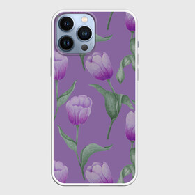 Чехол для iPhone 13 Pro Max с принтом Фиолетовые тюльпаны с зелеными листьями в Ухте,  |  | Тематика изображения на принте: 8 марта | flowers | leaves | nature | tulips | ботаническая иллюстрация | день рождения | зеленый | листья | природа | растения | тюльпаны | фиолетовый | цветы