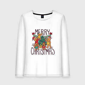 Женский лонгслив хлопок с принтом Merry Christmas в Ухте, 100% хлопок |  | art | christmas | cookies | drawing | herringbone | holiday | merry christmas | new year | star | toys | tree | арт | елка | елочка | звезда | игрушки | новый год | печенье | праздник | рисунок | рождество