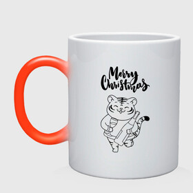 Кружка хамелеон с принтом Merry Christmas Тигр с Шампанским. в Ухте, керамика | меняет цвет при нагревании, емкость 330 мл | 2022 | happy new year | merry christmas | год тигра | зима близко | нг | новогодний | новогодний тигр | новый год | новый год 2022 | праздник | рождество | символ 2022 года | тигр