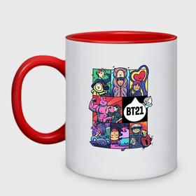 Кружка двухцветная с принтом BT21 POP ART в Ухте, керамика | объем — 330 мл, диаметр — 80 мм. Цветная ручка и кайма сверху, в некоторых цветах — вся внутренняя часть | bangtan | beyond | boys | boysband | bts | hip hop | k pop | korea | music | pop art | scene | бтс | ви | джонгук | корея | музыка | поп арт | сюга | хип хоп | чимин | чин