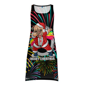 Платье-майка 3D с принтом Merry Christmas Mops Dabbing. в Ухте, 100% полиэстер | полуприлегающий силуэт, широкие бретели, круглый вырез горловины, удлиненный подол сзади. | 2022 | dabbing | happy new year | merry christmas | mops dabbing | год тигра | зима близко | нг | новогодний | новый год | новый год 2022 | рождество | салют | символ 2022 года | собака