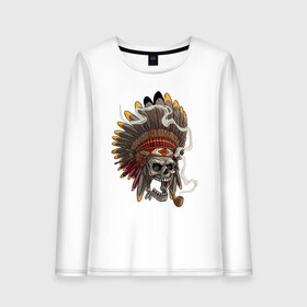 Женский лонгслив хлопок с принтом Череп вождя в Ухте, 100% хлопок |  | chief | feathers | indian | skull | smoke | smoking pipe | вождь | дым | индеец | перья | трубка | череп