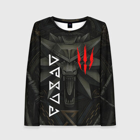 Женский лонгслив 3D с принтом THE WITCHER 3 ВЕДЬМАК 3 АРТ ART в Ухте, 100% полиэстер | длинные рукава, круглый вырез горловины, полуприлегающий силуэт | Тематика изображения на принте: geralt | the witcher | the witcher wild hunt | witcher | wolf | аард | аксий | белый волк | ведьмак | ведьмак 3 | волк | геральт | игни | ирден | йенифер | каер морхен | квен | охотник | трисс | цири