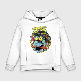 Детское худи Oversize хлопок с принтом Прикольный кульный  динозавр в Ухте, френч-терри — 70% хлопок, 30% полиэстер. Мягкий теплый начес внутри —100% хлопок | боковые карманы, эластичные манжеты и нижняя кромка, капюшон на магнитной кнопке | beach | dinosaur | eyes | hat | heat | hype | jaw | juce | muzzle | palma | skateboard | summer | teeth | tongue | глаза | динозавр | жара | зубы | лето | очки | пальма | пасть | пляж | скейтбоард | сок | хайп | шляпа | язык