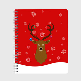 Тетрадь с принтом Новогодний олень New Years Deer в Ухте, 100% бумага | 48 листов, плотность листов — 60 г/м2, плотность картонной обложки — 250 г/м2. Листы скреплены сбоку удобной пружинной спиралью. Уголки страниц и обложки скругленные. Цвет линий — светло-серый
 | Тематика изображения на принте: 2021 | 2022 | happy new year | happy new year 2022 | новый год | олень | снег | снежинки | снежный олень | сугроб