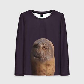 Женский лонгслив 3D с принтом Уставший картофель в Ухте, 100% полиэстер | длинные рукава, круглый вырез горловины, полуприлегающий силуэт | картофель | картошка | рожица | улыбка | усталость