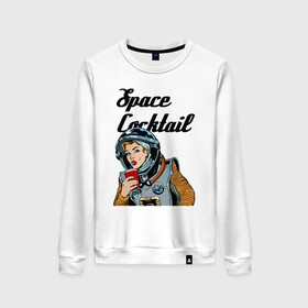Женский свитшот хлопок с принтом Космический коктейль в Ухте, 100% хлопок | прямой крой, круглый вырез, на манжетах и по низу широкая трикотажная резинка  | astronaut | beauty | cocktail | eyes | face | girl | lips | spacesuit | глаза | губы | девушка | коктейль | космонавт | красавица | лицо | скафандр