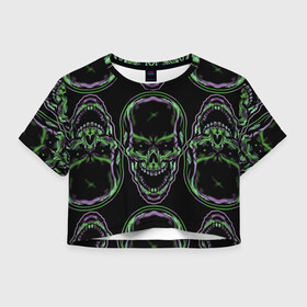 Женская футболка Crop-top 3D с принтом Skulls vanguard pattern 2077 в Ухте, 100% полиэстер | круглая горловина, длина футболки до линии талии, рукава с отворотами | fashion | hype | neon | pattern | skull | vanguard | авангард | неон | узор | хайп | череп