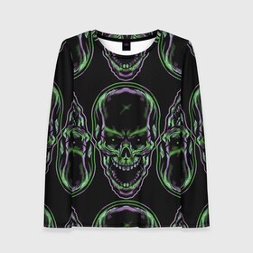 Женский лонгслив 3D с принтом Skulls vanguard pattern 2077 в Ухте, 100% полиэстер | длинные рукава, круглый вырез горловины, полуприлегающий силуэт | Тематика изображения на принте: fashion | hype | neon | pattern | skull | vanguard | авангард | неон | узор | хайп | череп