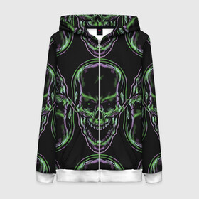 Женская толстовка 3D на молнии с принтом Skulls vanguard pattern 2077 в Ухте, 100% полиэстер | длина до линии бедра, манжеты и пояс оформлены мягкой тканевой резинкой, двухслойный капюшон со шнурком для регулировки, спереди молния, по бокам два кармана | fashion | hype | neon | pattern | skull | vanguard | авангард | неон | узор | хайп | череп