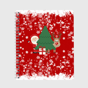 Тетрадь с принтом Новогоднее настроение Santa в Ухте, 100% бумага | 48 листов, плотность листов — 60 г/м2, плотность картонной обложки — 250 г/м2. Листы скреплены сбоку удобной пружинной спиралью. Уголки страниц и обложки скругленные. Цвет линий — светло-серый
 | Тематика изображения на принте: 2021 | 2022 | happy new year 2022 | дед мороз | дед мороз и олень | елка | новый год | новый год 2022 | олень | праздник | санта
