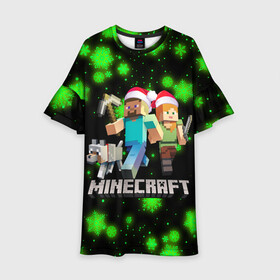 Детское платье 3D с принтом НОВОГОДНИЙ MINECRAFT ГЕРОИ ИГРЫ в Ухте, 100% полиэстер | прямой силуэт, чуть расширенный к низу. Круглая горловина, на рукавах — воланы | 2022 | block | creeper | cube | minecraft | piggy | pixel | tnt | блок | гаст | геометрия | дед мороз | крафт | крипер | кубики | майнкрафт | новогодний minecraft | новогодний майнкрафт | новый год | пиксели | санта клаус | свинья | тнт