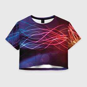 Женская футболка Crop-top 3D с принтом Лучи света Spectrum в Ухте, 100% полиэстер | круглая горловина, длина футболки до линии талии, рукава с отворотами | абстрактные | волна | волна света | излучение | киберпанк | лучи | лучи света | неон | неоновые принты | призма | радуга | рисунок | свет | спектр цветов