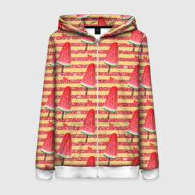 Женская толстовка 3D на молнии с принтом Фруктовое мороженое в Ухте, 100% полиэстер | длина до линии бедра, манжеты и пояс оформлены мягкой тканевой резинкой, двухслойный капюшон со шнурком для регулировки, спереди молния, по бокам два кармана | десерт | леденец | мороженое | сладости | эскимо