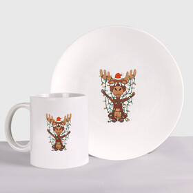 Набор: тарелка + кружка с принтом НОВОГОДНИЙ ОЛЕНЬ CHRISTMAS DEER в Ухте, керамика | Кружка: объем — 330 мл, диаметр — 80 мм. Принт наносится на бока кружки, можно сделать два разных изображения. 
Тарелка: диаметр - 210 мм, диаметр для нанесения принта - 120 мм. | Тематика изображения на принте: 2022 | christmas | cold | deer | klaus | mem | meme | memes | merry | new | santa | snow | what | winter | year | гирлянды | год | зима | клаус | мем | мемы | мороз | новый | олень | рождество | санта | снег | холод | что