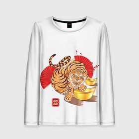 Женский лонгслив 3D с принтом Золотой тигр 2022 Tigr в Ухте, 100% полиэстер | длинные рукава, круглый вырез горловины, полуприлегающий силуэт | 2022 | new year | tiger | water tiger | водяной тигр | символ года