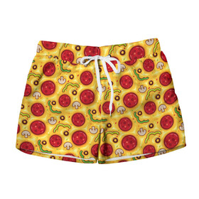 Женские шорты 3D с принтом Pizza salami в Ухте, 100% полиэстер | прямой крой, два кармана без застежек по бокам. Мягкая трикотажная резинка на поясе, внутри которой широкие завязки. Длина до середины бедра | cheese | mushrooms | olives | omelet | pepper | pizza | salami | sausage | грибы | колбаса | маслины | оливки | омлет | перец | пицца | салями | сыр