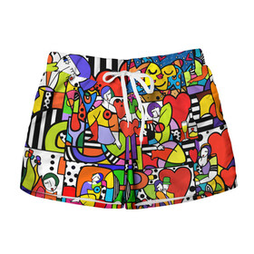 Женские шорты 3D с принтом Romero Britto   love collage. в Ухте, 100% полиэстер | прямой крой, два кармана без застежек по бокам. Мягкая трикотажная резинка на поясе, внутри которой широкие завязки. Длина до середины бедра | brazilian artist | bright colors | cubism | emoji | fishes | fl | girls | graffiti | pop art | romero britto | бразильский художник | граффити | девушки | день святого валентина | коллаж | кубизм | любовь | ромеро бритто | рыбы 