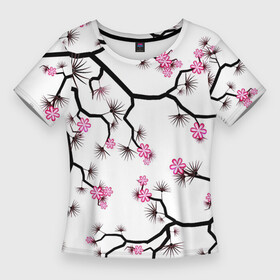 Женская футболка 3D Slim с принтом Цветущий шиповник в Ухте,  |  | арт | весна | игла | иголка | колючка | рисунок | цветение | цветение дерева | цветение деревьев | цветок | цветы | шип | шиповник | яркие цветы | яркий цветок