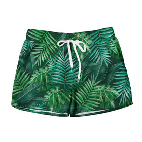 Женские шорты 3D с принтом Tropical plants pattern в Ухте, 100% полиэстер | прямой крой, два кармана без застежек по бокам. Мягкая трикотажная резинка на поясе, внутри которой широкие завязки. Длина до середины бедра | flower | flowers | girl | woman | девушкам | девушки | листья | подарок | тропические цветы | цветочки | цветы