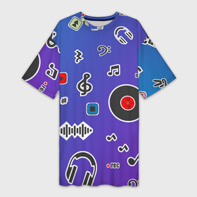 Платье-футболка 3D Музыкальный паттерн: в Ухте,  |  | 90ые | винил | для музыкантов | звук | мелодия | музыка | музыкальный | наушники | нота | ноты | паттерн | пластинка | фон