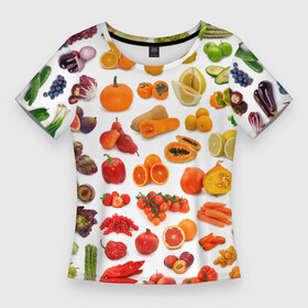 Женская футболка 3D Slim VEGETABLE FRUIT ABUNDANCE: в Ухте,  |  | арбуз | банан | виноград | гранат | груша | дыня | капуста | клубника | кукуруза | лимон | лук | морковь | овощи | огурец | перец | помидор | фрукты | яблоки