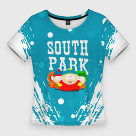 Женская футболка 3D Slim с принтом Южный Парк  на голубом фоне в Ухте,  |  | south park | sp | батерс | баттерс | гарисон | енот | кайл брофловски | картман | кеннет | кенни | маки | макки | маккормик | марш | мистер | мистереон | мультфильм | полотенчик | ренди | саус парк | сауспарк