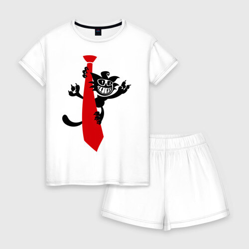 Женская пижама с шортиками хлопок Кот на галстуке фото