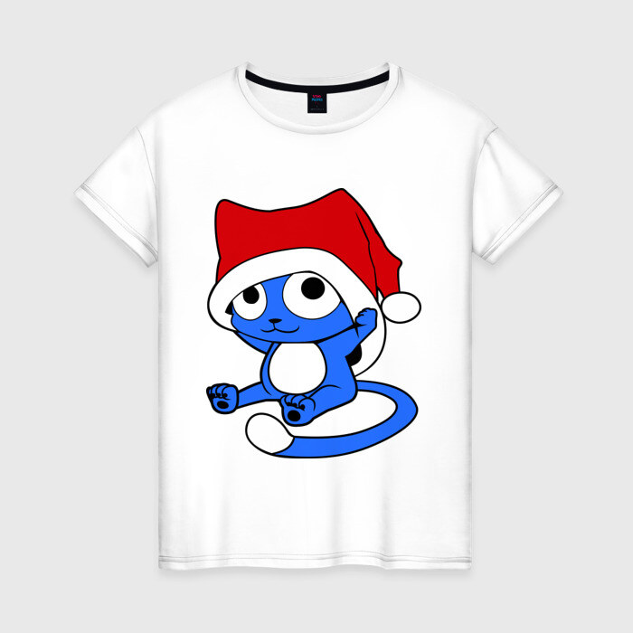 Женская футболка хлопок Котенок в новогодней шапочке фото