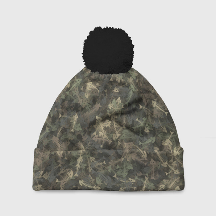 Шапка 3D c помпоном Камуфляж с рыбьими скелетам фото