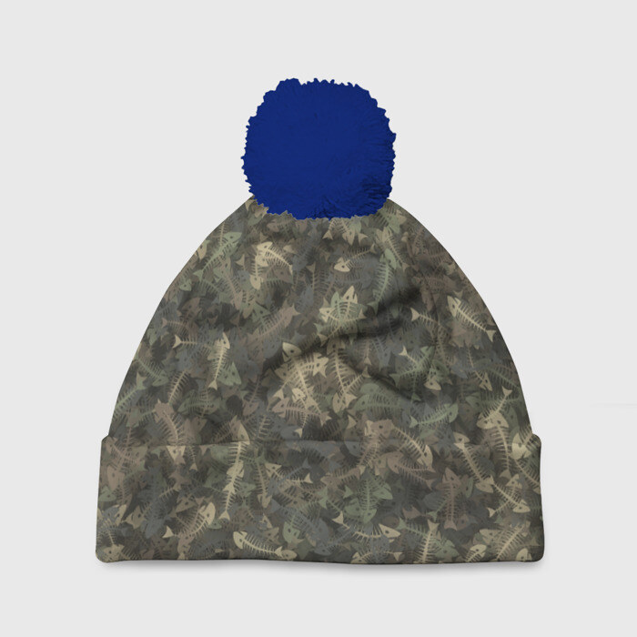 Шапка 3D c помпоном Камуфляж с рыбьими скелетам фото