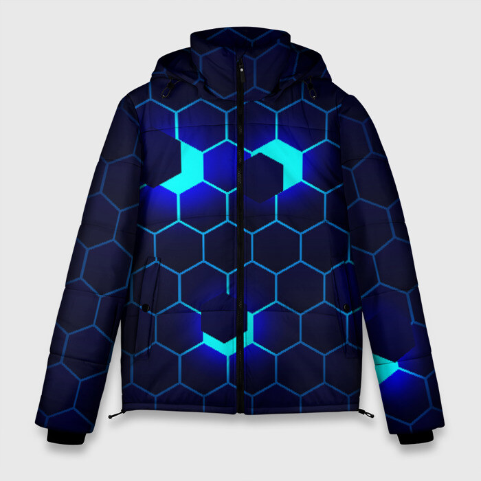 Мужская зимняя куртка 3D СИНИЕ СОТЫ В НЕОНЕ фото