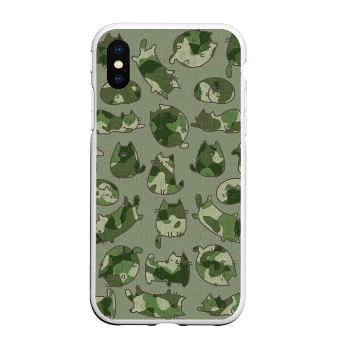 Чехол для iPhone XS Max матовый Камуфляж с котиками (хаки) фото