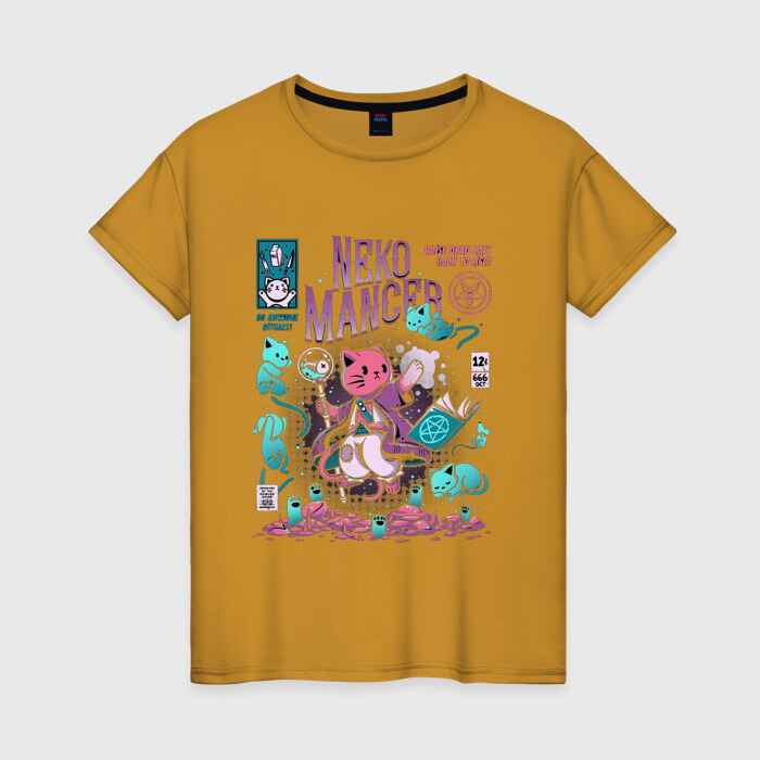 Женская футболка хлопок Кот некромант (CAT WIZARD) фото