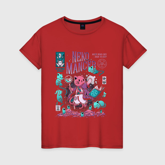 Женская футболка хлопок Кот некромант (CAT WIZARD) фото