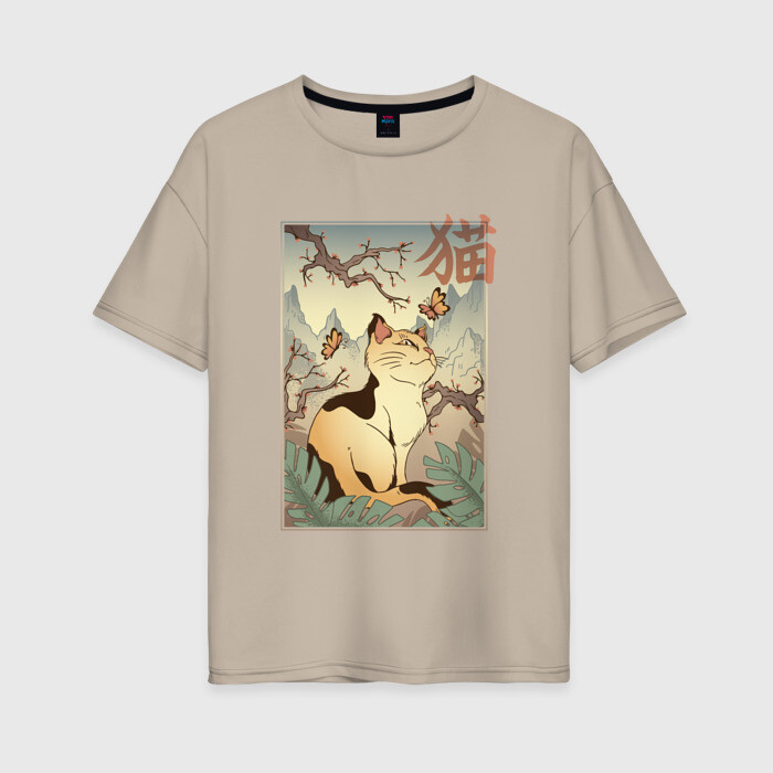 Женская футболка хлопок Oversize Кот в японском стиле фото