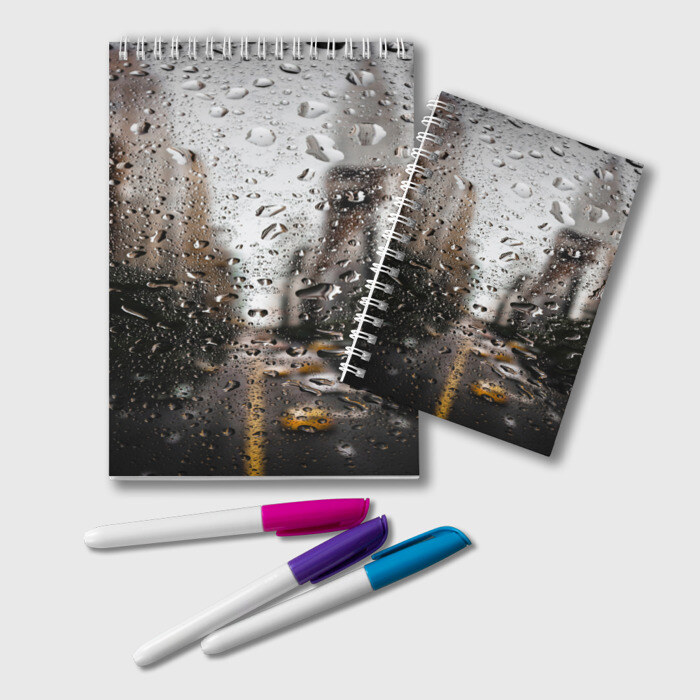 Блокнот Дождь капли на стекле город фото