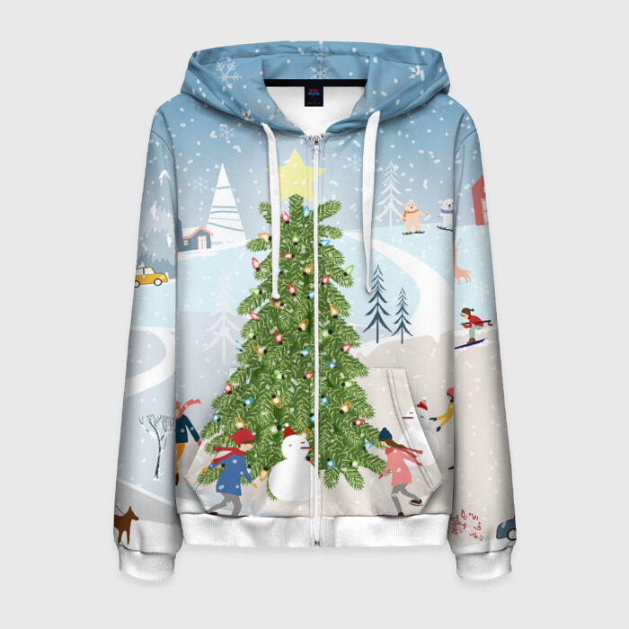 Мужская толстовка 3D на молнии Новогодняя елка фото