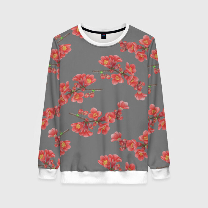 Женский свитшот 3D Цветы айвы на сером фоне фото