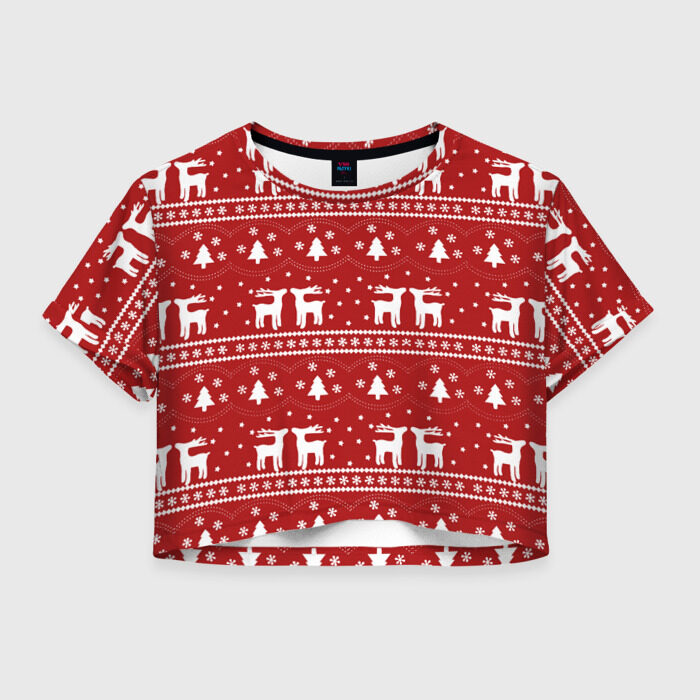 Женская футболка Crop-top 3D Новогодние олени фото