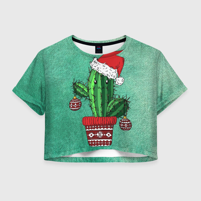 Женская футболка Crop-top 3D Кактус Санта фото