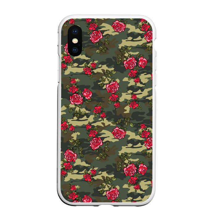 Чехол для iPhone XS Max матовый Камуфляж и розы фото