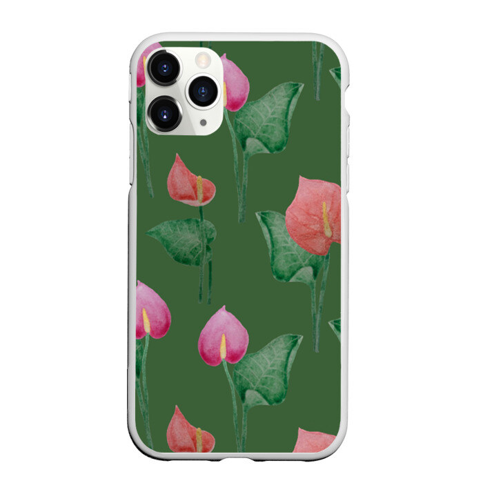 Чехол для iPhone 11 Pro матовый Антуриумы на зеленом фоне фото