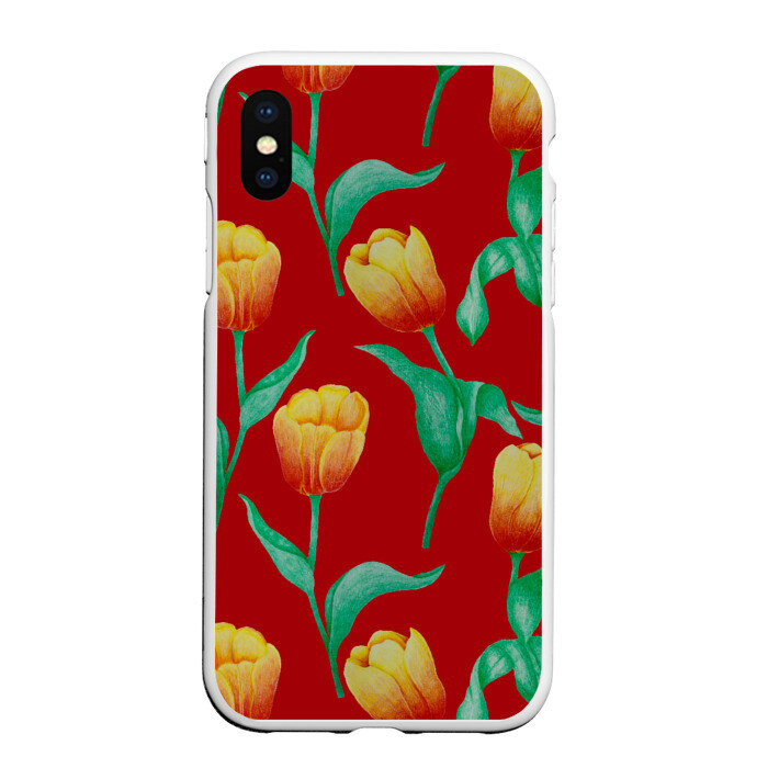 Чехол для iPhone XS Max матовый Тюльпаны на красном фоне фото