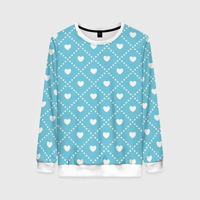 Женский свитшот 3D Белые сердечки на голубом фоне фото